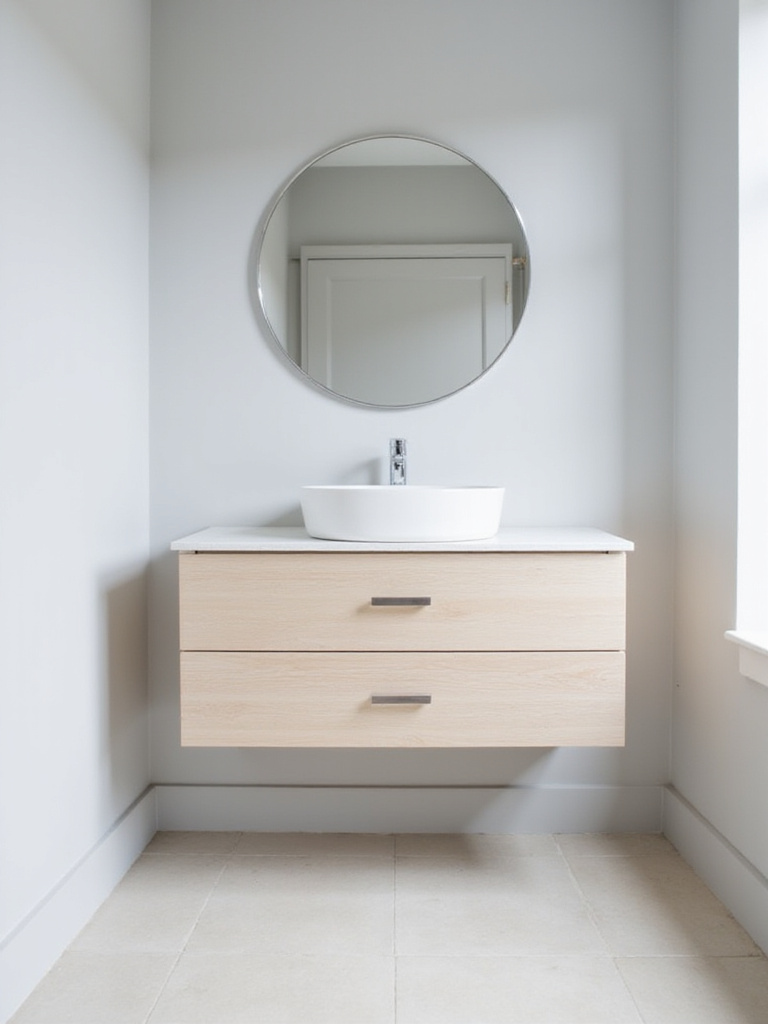 Small bathroom with light gray walls and a modern light-colored floating vanity with drawers, creating an airy and spacious feel.