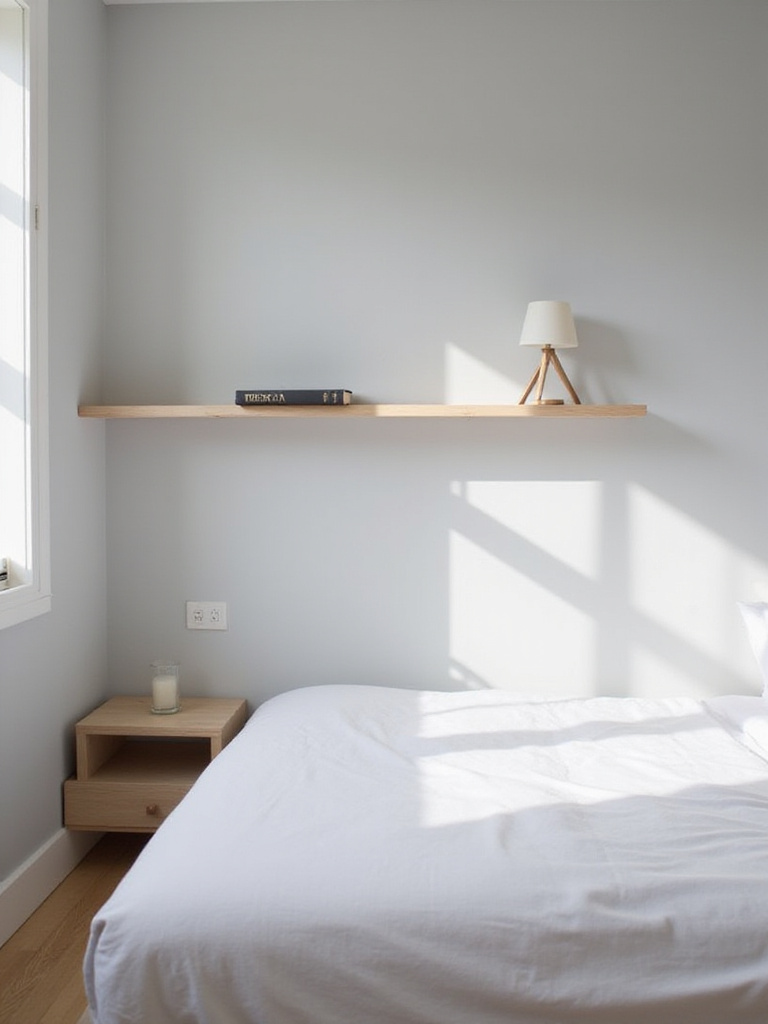 Small bedroom design with floating nightstand shelf