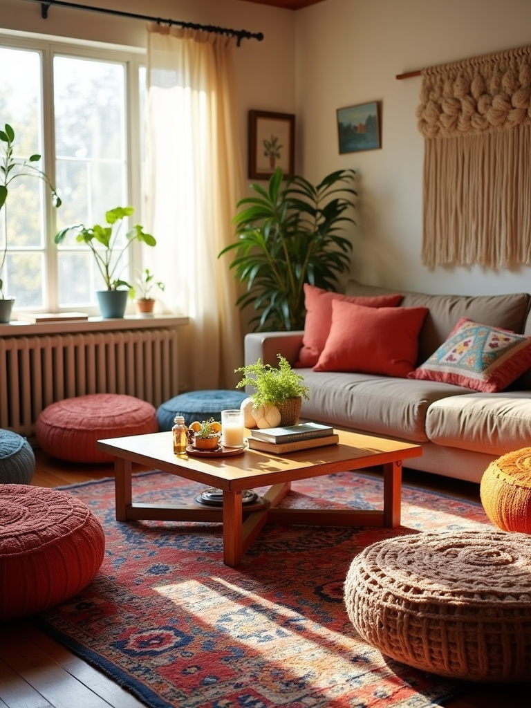Boho living room with colorful floor cushions and patterned rug.