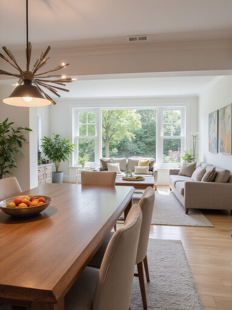 Dining room seamlessly integrated with living room showcasing harmonious home decor aesthetic.