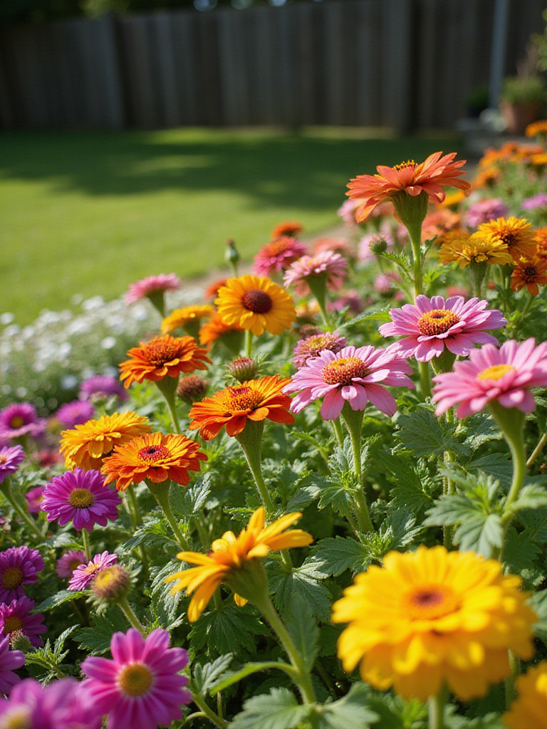 Colorful and vibrant beginner-friendly flower garden featuring zinnias, marigolds, sunflowers, and petunias in full bloom.