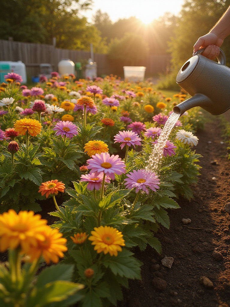 Vibrant flower garden with diverse blooms receiving fertilizer and water.
