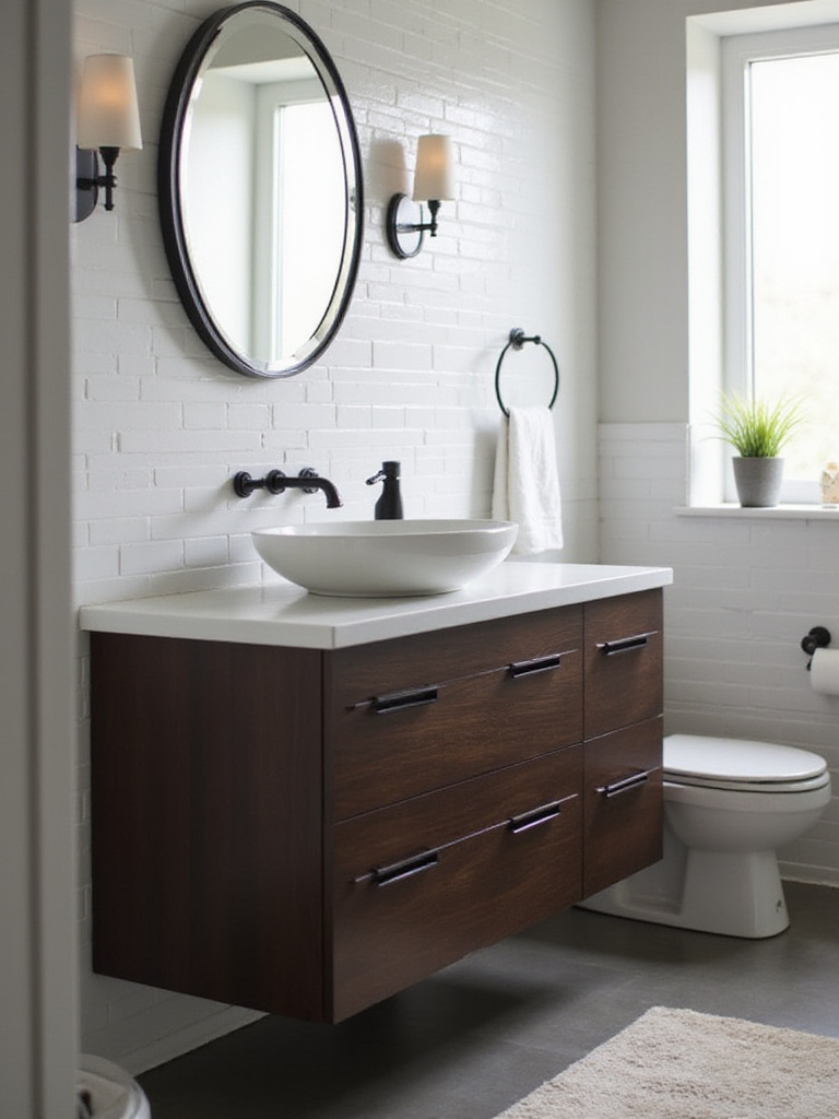 Modern bathroom featuring a dark wood vanity as a focal point