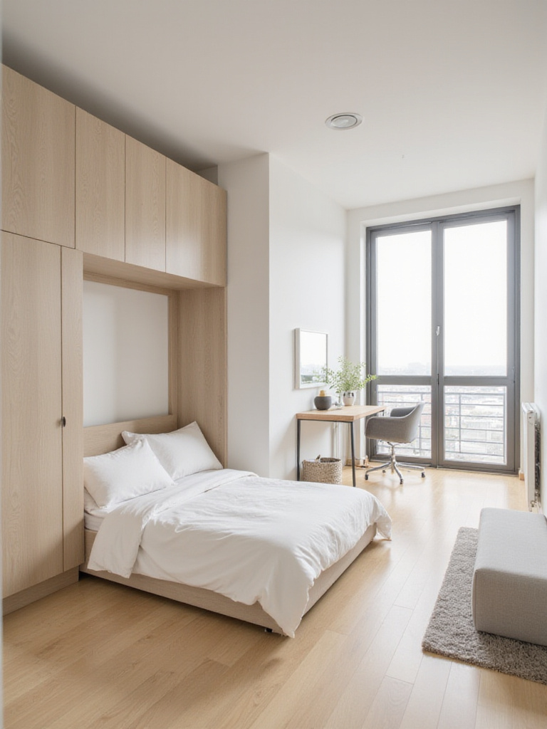 Small bedroom featuring a Murphy bed folded up, revealing a hidden desk area, maximizing space