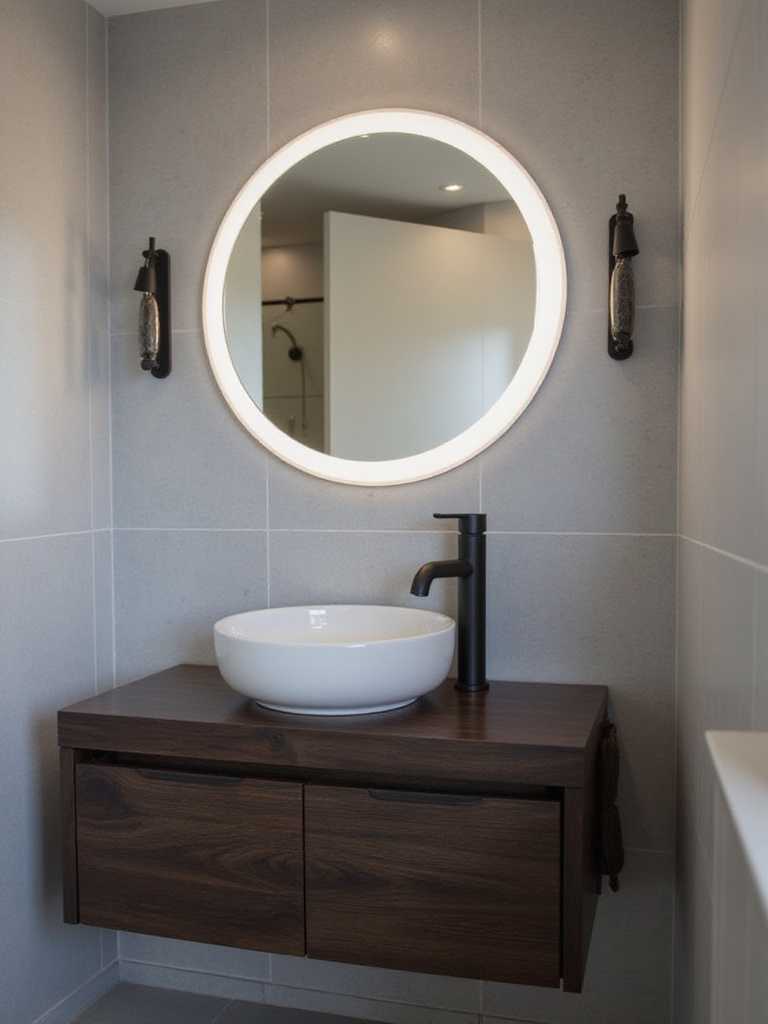 Small bathroom vanity with modern matte black faucet and round LED mirror.