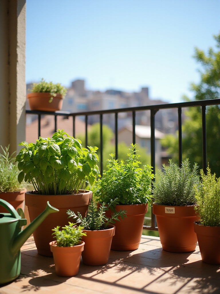 Balcony herb garden with terracotta pots filled with basil, rosemary, thyme, and oregano.