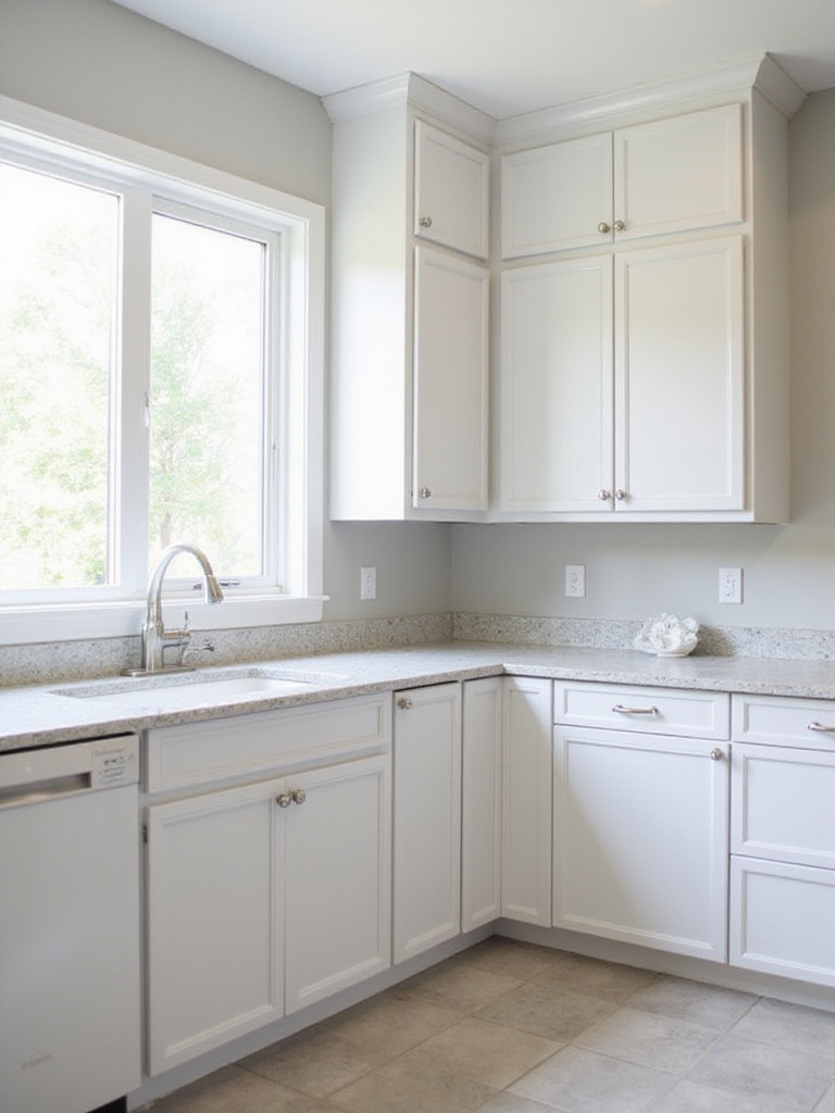 Bright kitchen with newly painted light gray cabinets.