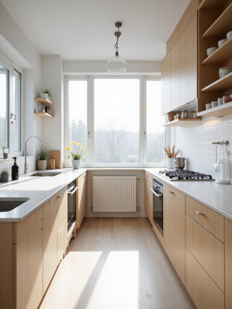 Bright and functional Scandinavian kitchen with light wood cabinets and minimalist design.