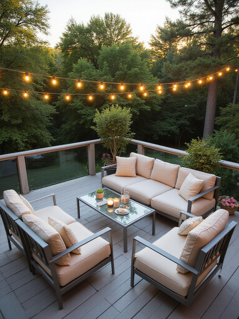 Modern deck with light gray aluminum furniture and beige cushions, string lights, and lush garden view.
