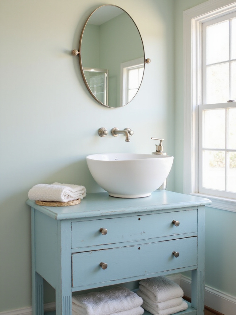 Bathroom vanity made from repurposed vintage dresser.