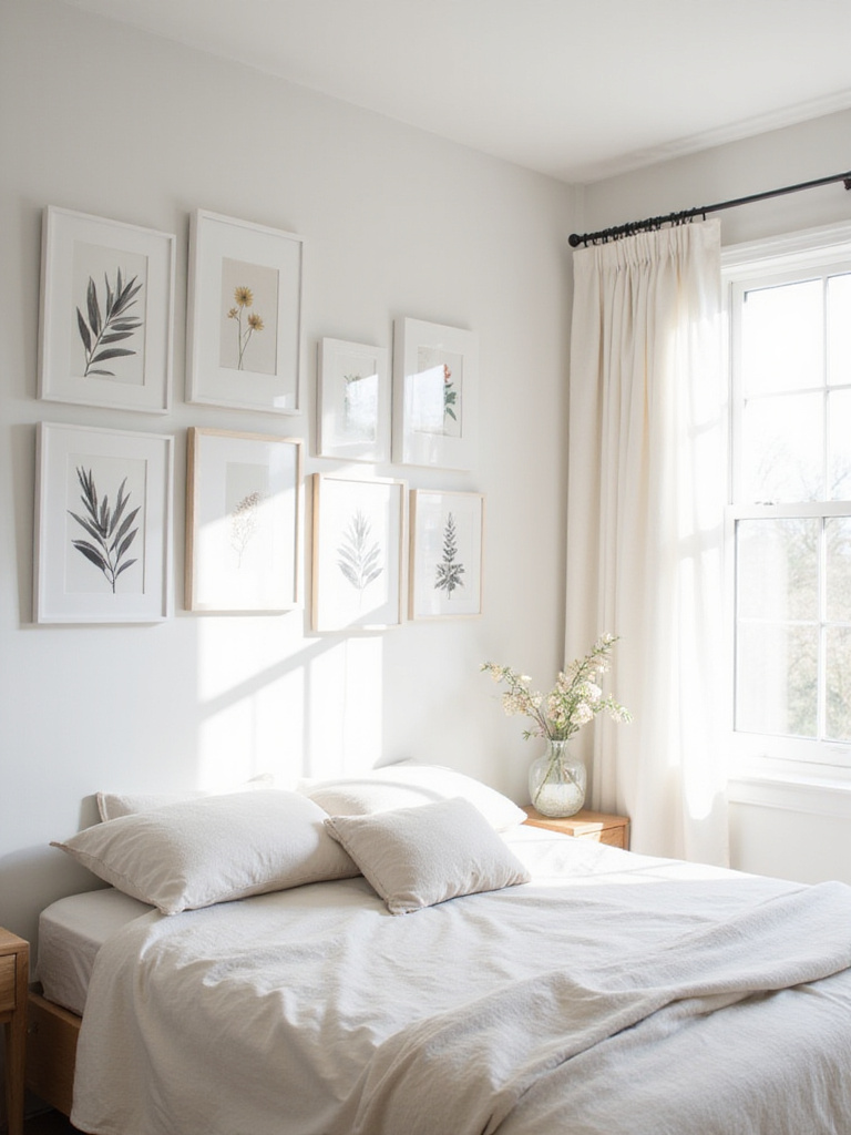 White bedroom with a gallery wall of white-framed art above the bed.