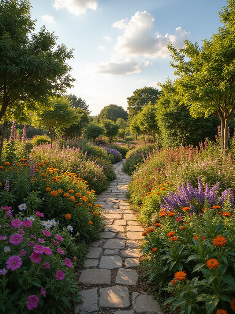 Stunning flower garden design with a variety of colorful blooms and a winding stone pathway.