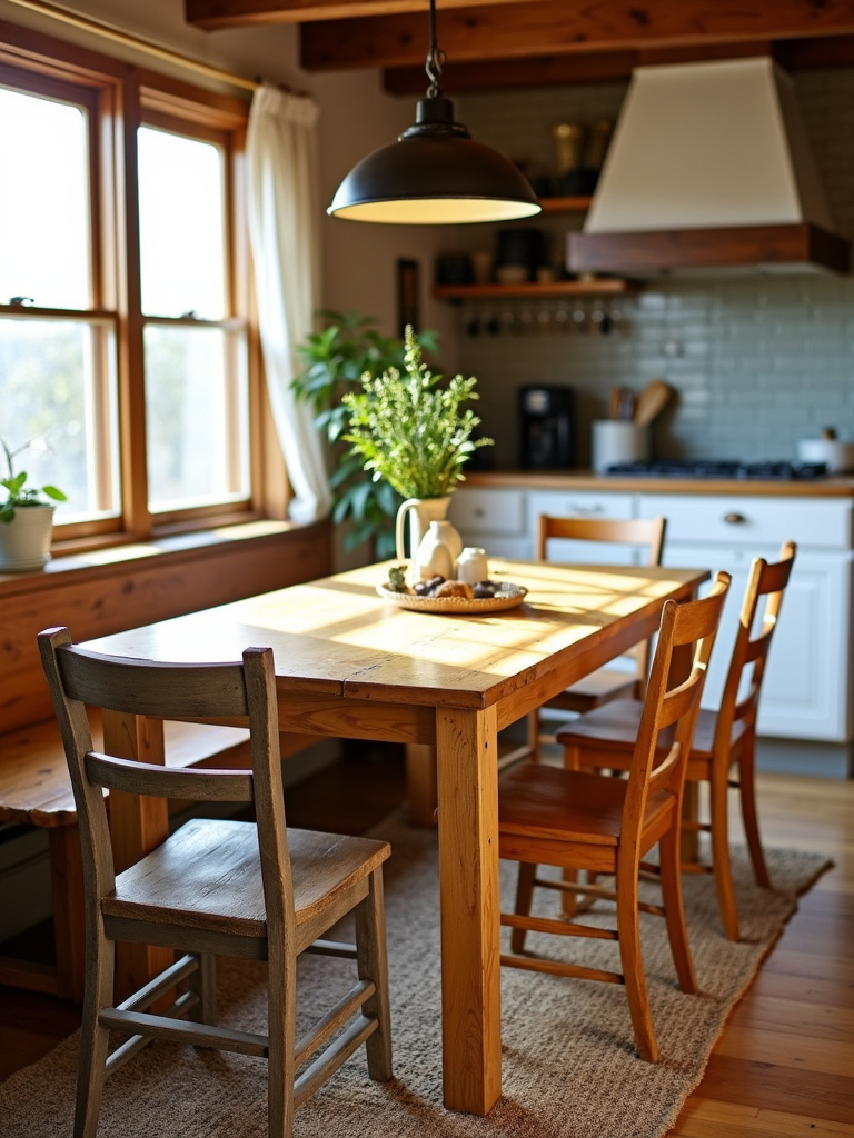 Rustic kitchen nook with solid wood table and distressed chairs
