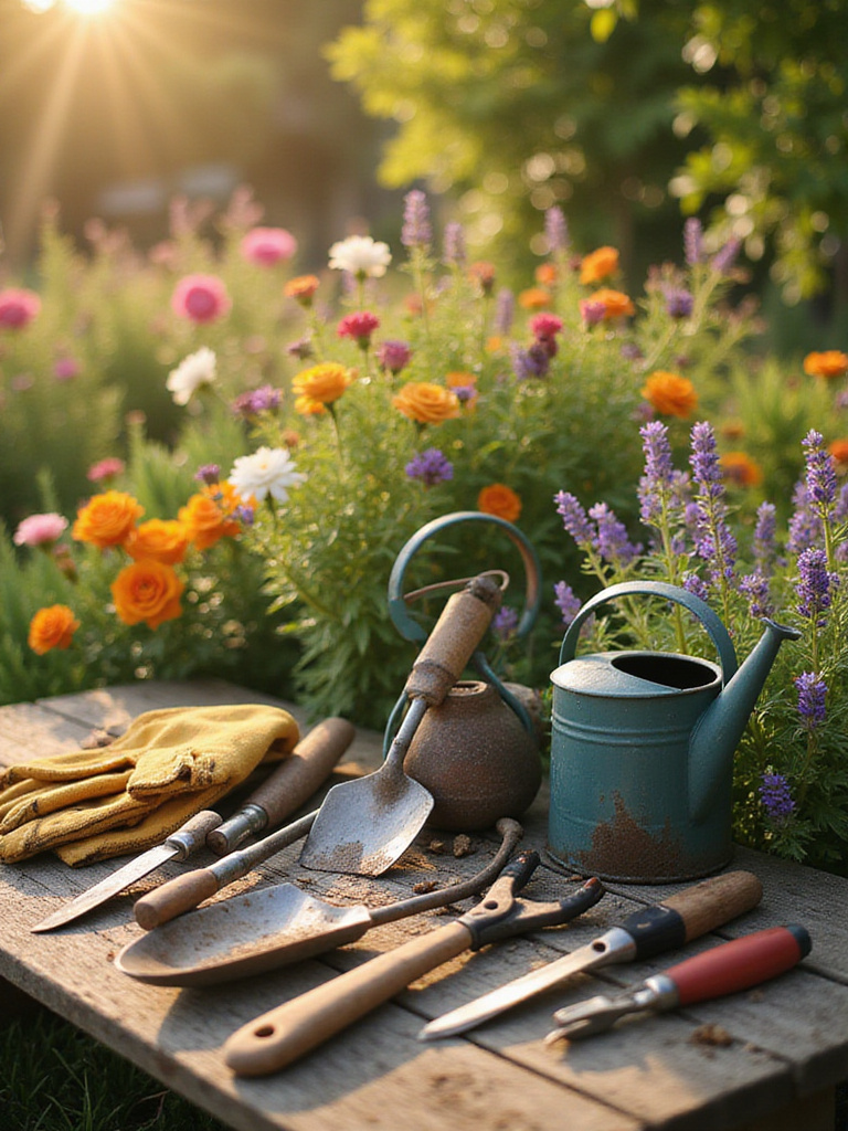 Gardening tools neatly arranged on a wooden bench in a beautiful flower garden.