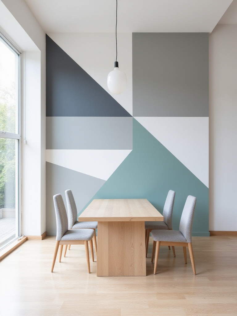 Modern dining room with geometric painted wall design in gray, white, and teal.