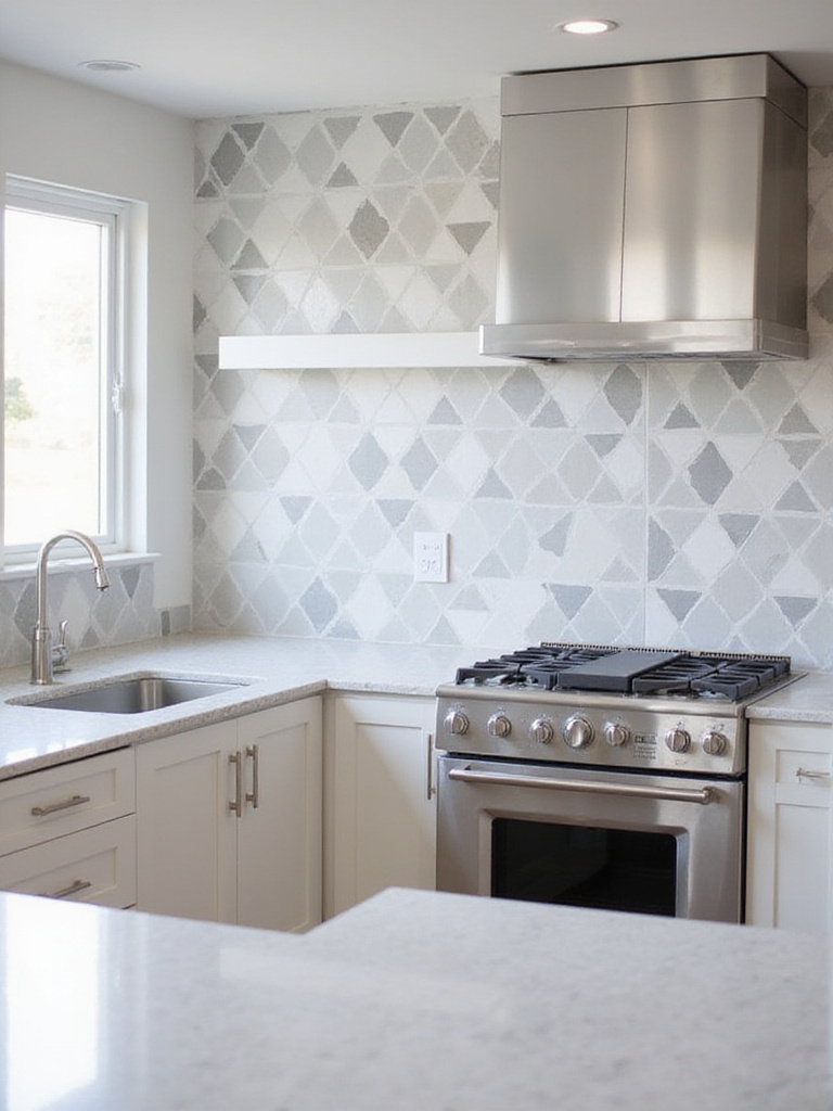 Modern kitchen with geometric triangle tile backsplash