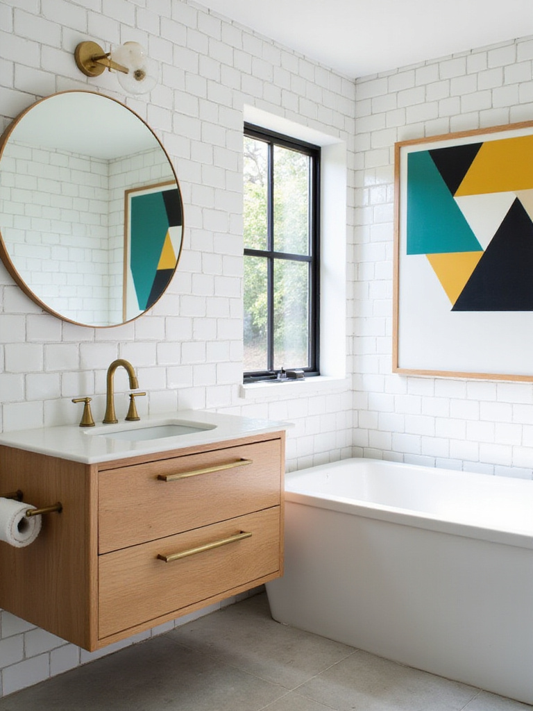 Modern bathroom with white subway tile and a geometric art print featuring teal, mustard yellow, and black triangles.
