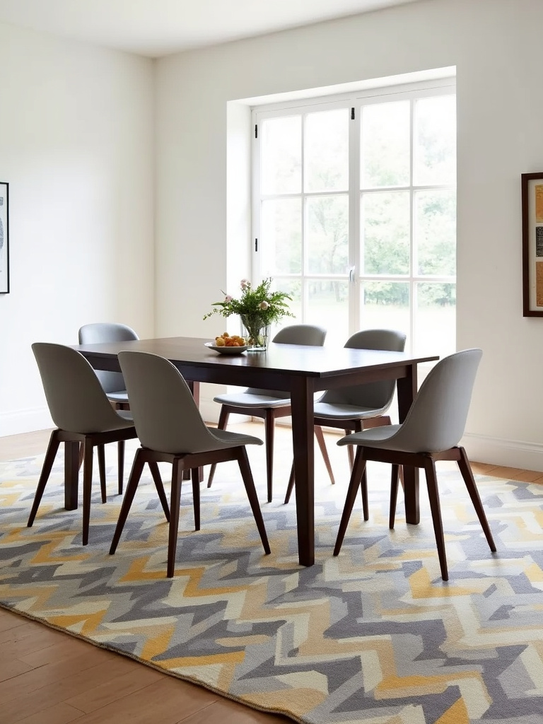 Contemporary dining room with geometric pattern rug under a dark wood table and gray chairs.