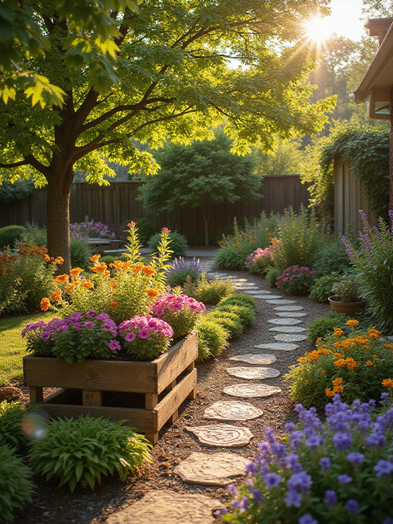 DIY flower garden featuring pallet planter, mosaic stepping stones, and fairy garden.