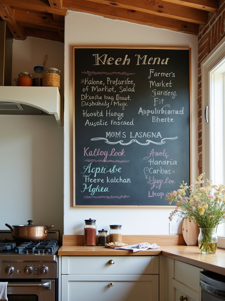 Rustic kitchen with chalkboard menu board displaying hand-drawn meal ideas.