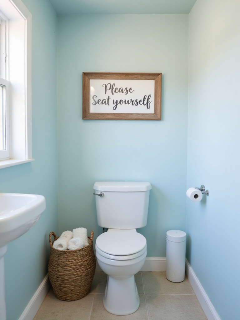 Bathroom featuring a humorous sign that reads 'Please Seat Yourself' above the toilet.