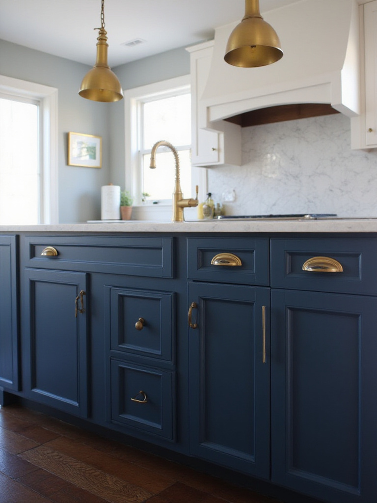 Navy blue kitchen island with gold hardware and pendant lights