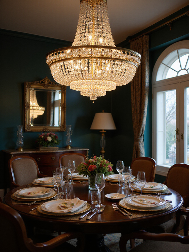 Luxurious dining room featuring a multi-tiered crystal and gold chandelier.
