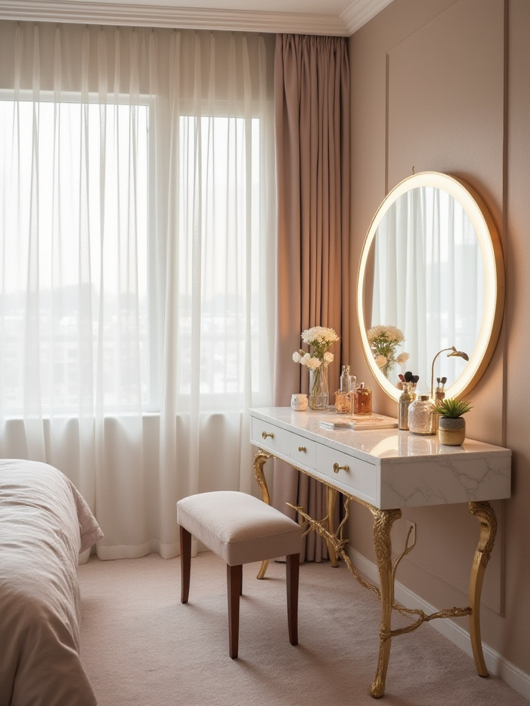 Luxurious bedroom vanity area with marble-topped dressing table, gold accents, and LED-lit mirror