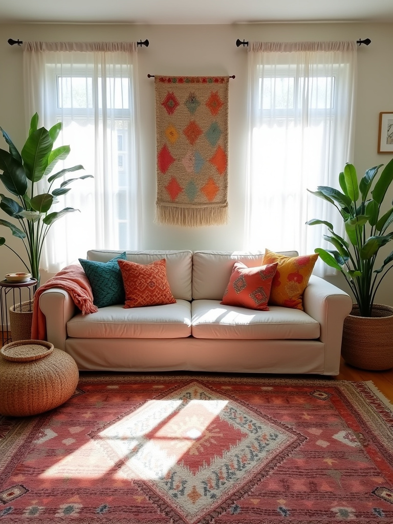 Boho living room with Moroccan rug, ikat pillows, and mudcloth wall hanging