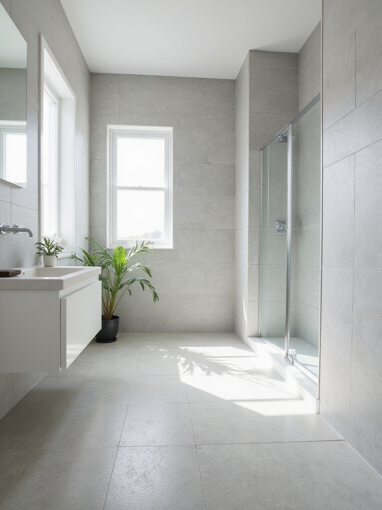 Small bathroom remodel featuring large gray porcelain tiles to maximize space.