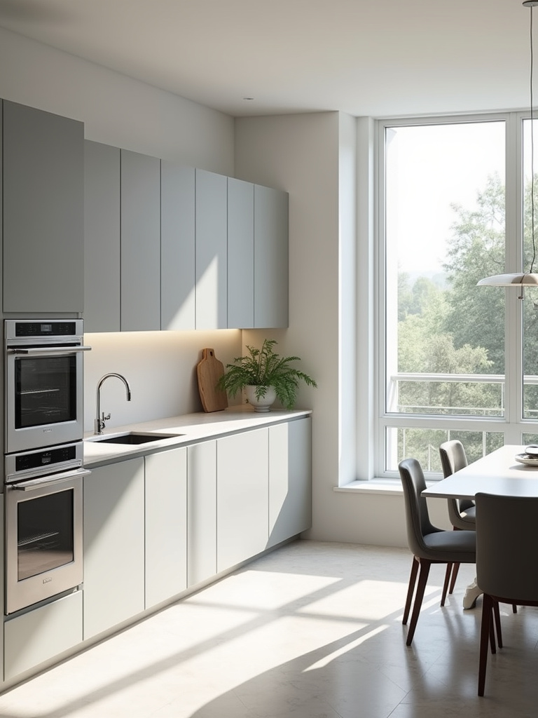 Modern kitchen with sleek, flat-panel gray cabinets and handle-less design