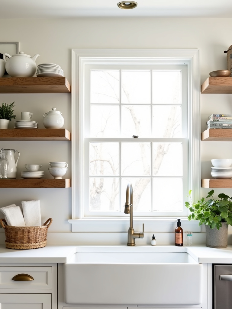 Modern farmhouse kitchen with white cabinets and reclaimed wood open shelving.