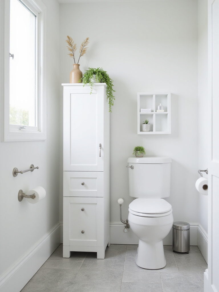 Small bathroom with tall, slim linen cabinet for vertical storage.