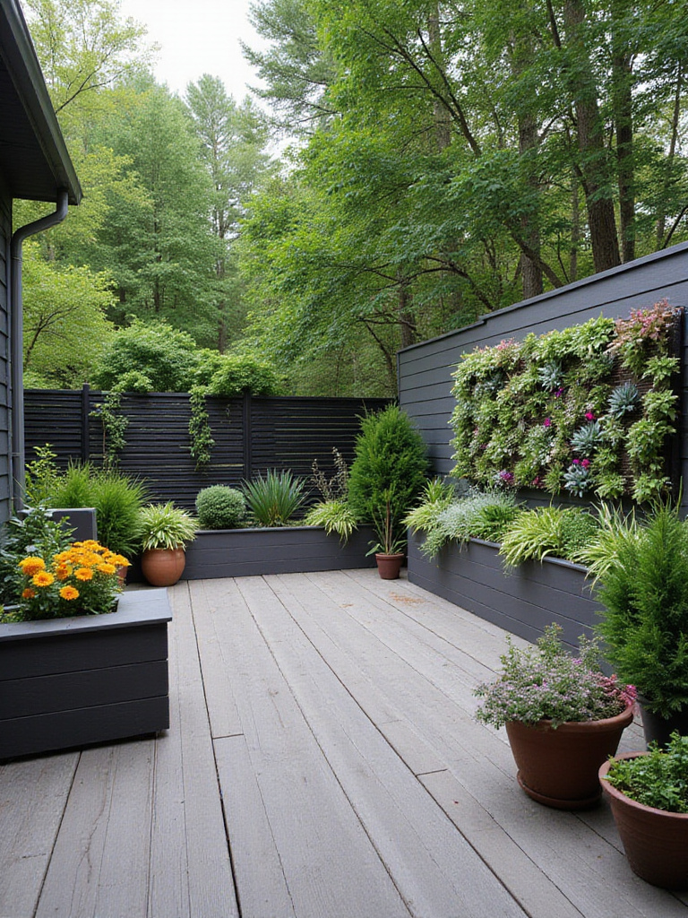 Modern deck design with integrated planters, vertical garden, and potted plants.