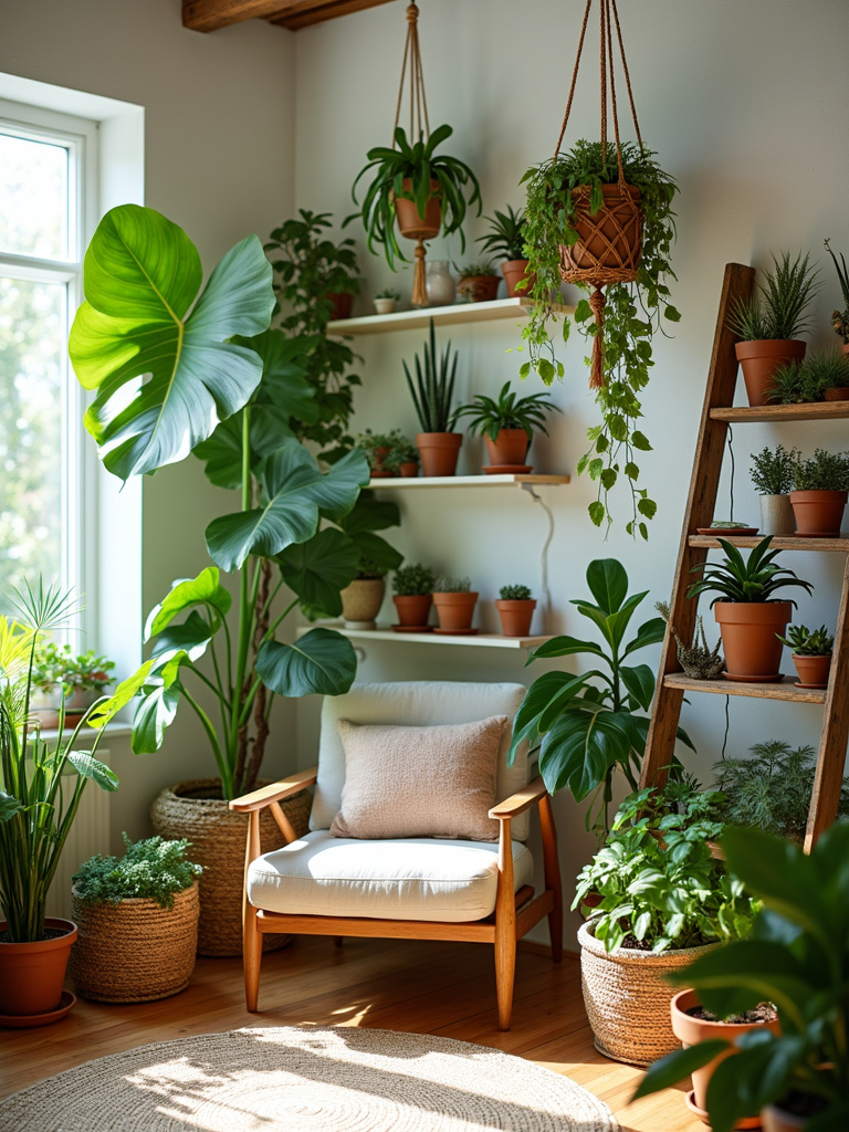 Boho living room with lush indoor plants creating a green oasis.