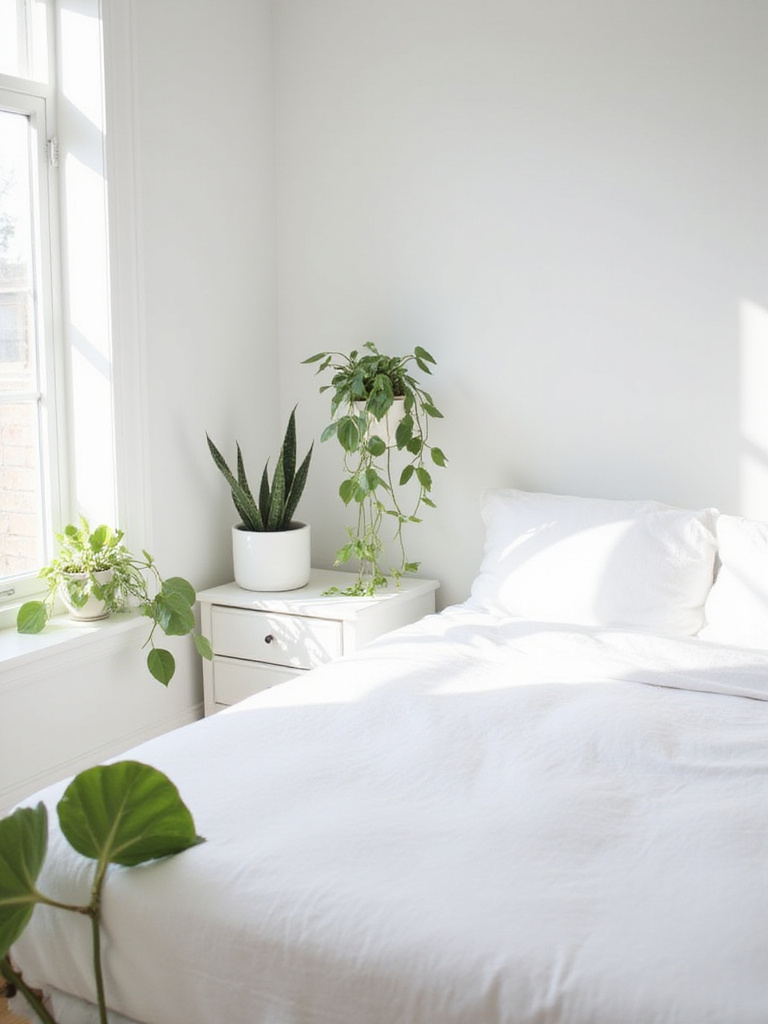 White bedroom with green snake plant and pothos in white ceramic pots on bedside table and shelf.