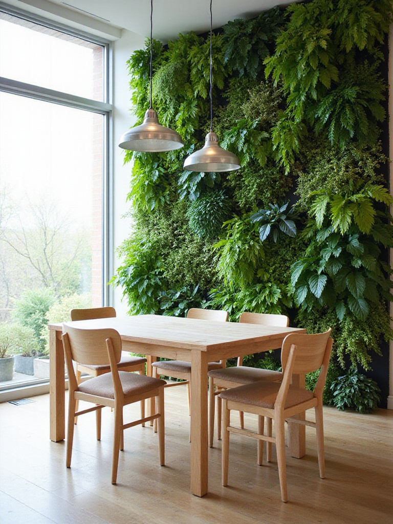Dining room with a large living wall featuring various green plants.