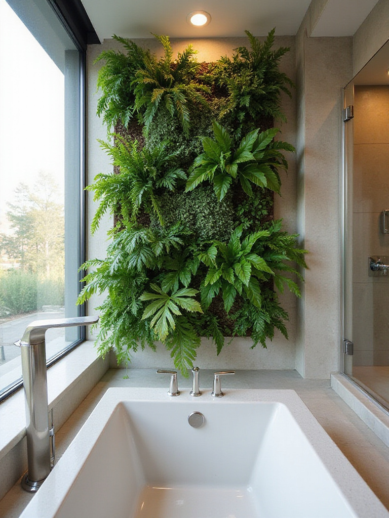 Bathroom with a lush green vertical wall planter.