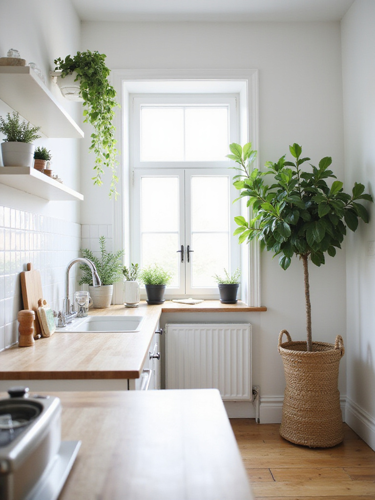 Scandinavian kitchen with indoor plants and herbs creating a natural and inviting atmosphere