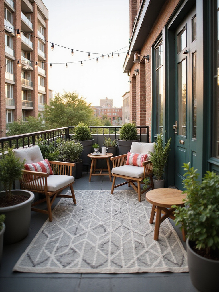Apartment balcony with stylish outdoor rug defining seating area