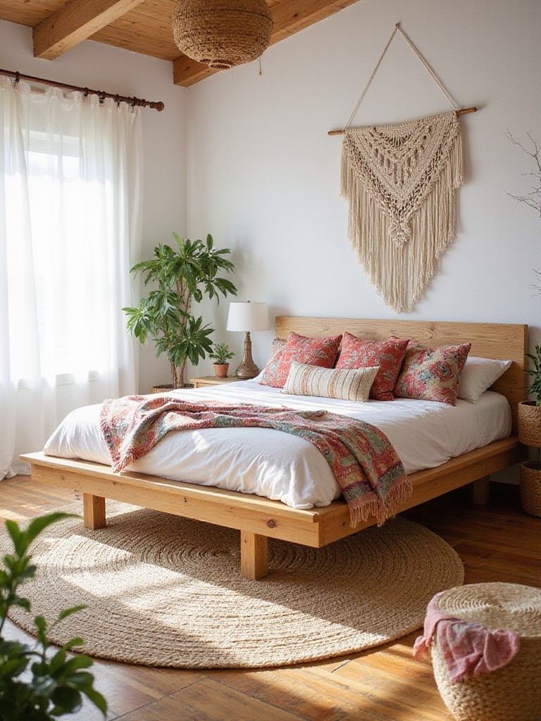 Boho bedroom with natural jute rug under bed