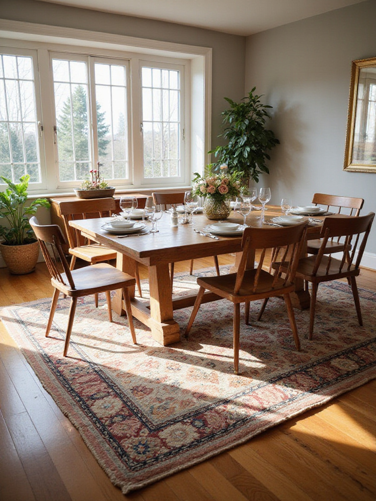 Dining room with hardwood floors and a patterned area rug under a rectangular wooden dining table.