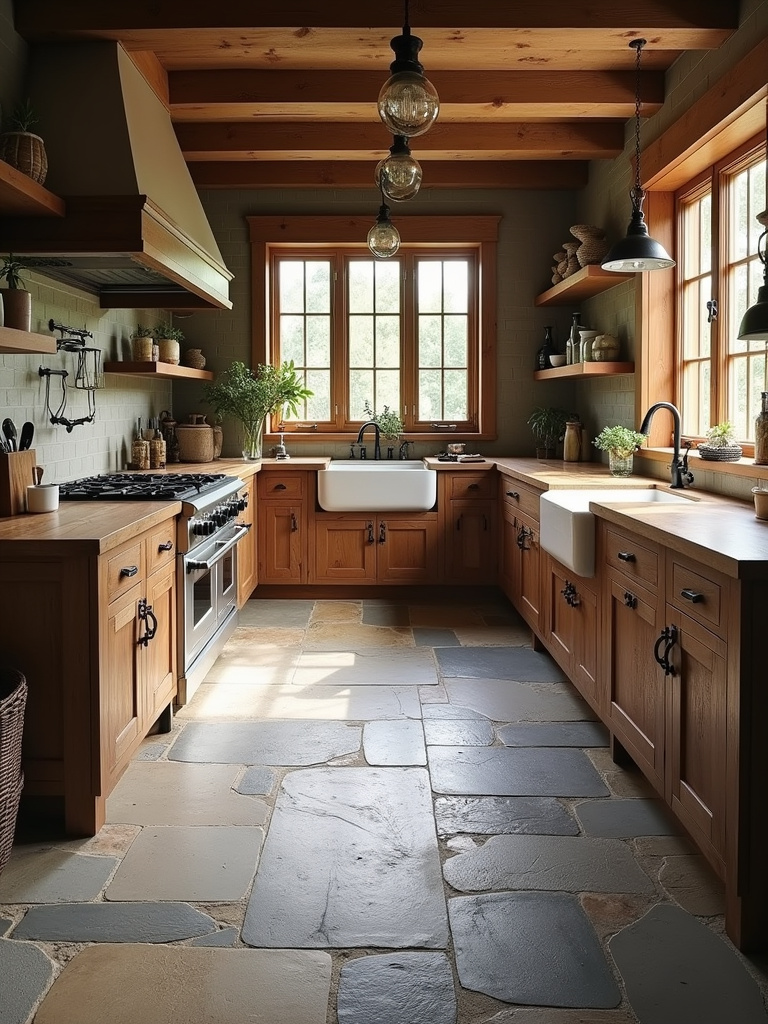 Rustic kitchen with natural stone flooring, reclaimed wood cabinets, and farmhouse sink.