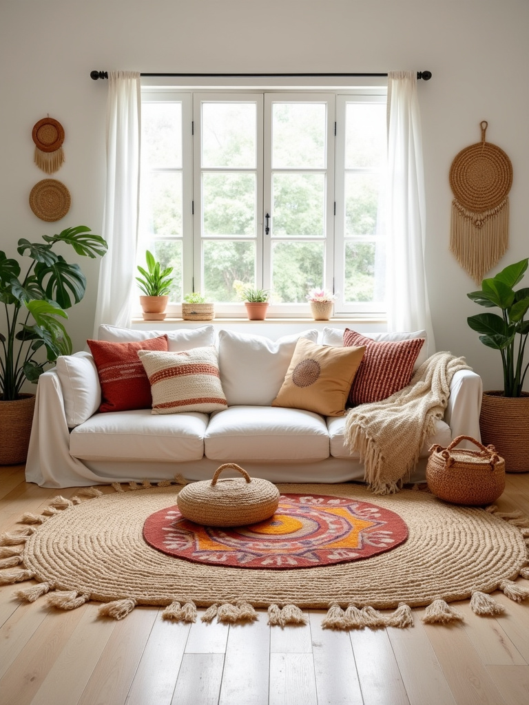 Boho living room with a jute rug as a natural base, layered with a colorful kilim rug.