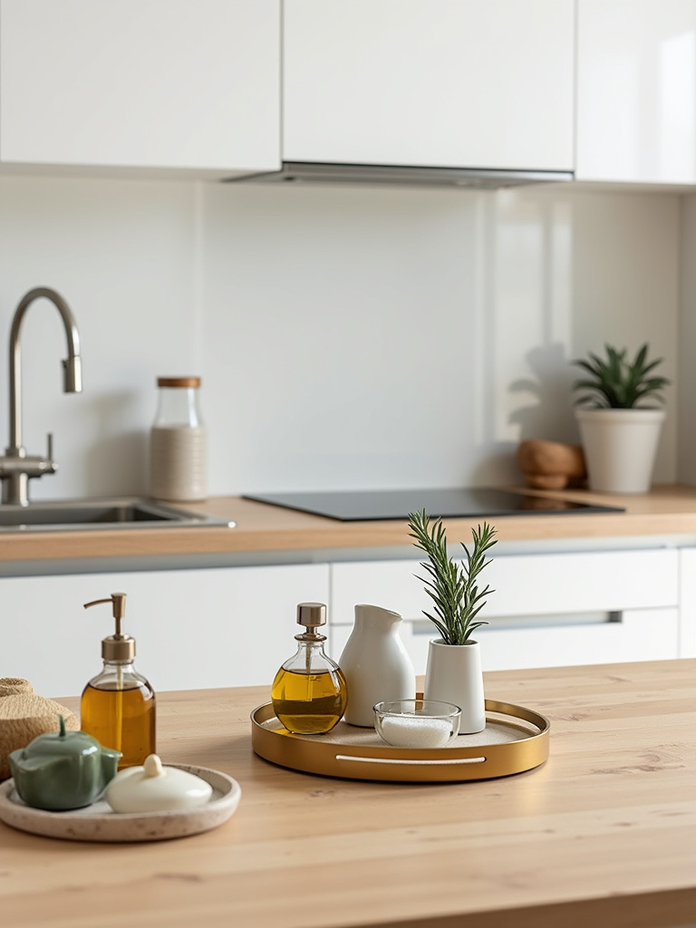 Apartment kitchen countertop organization with decorative trays holding oil, spices, soap, and lotion.