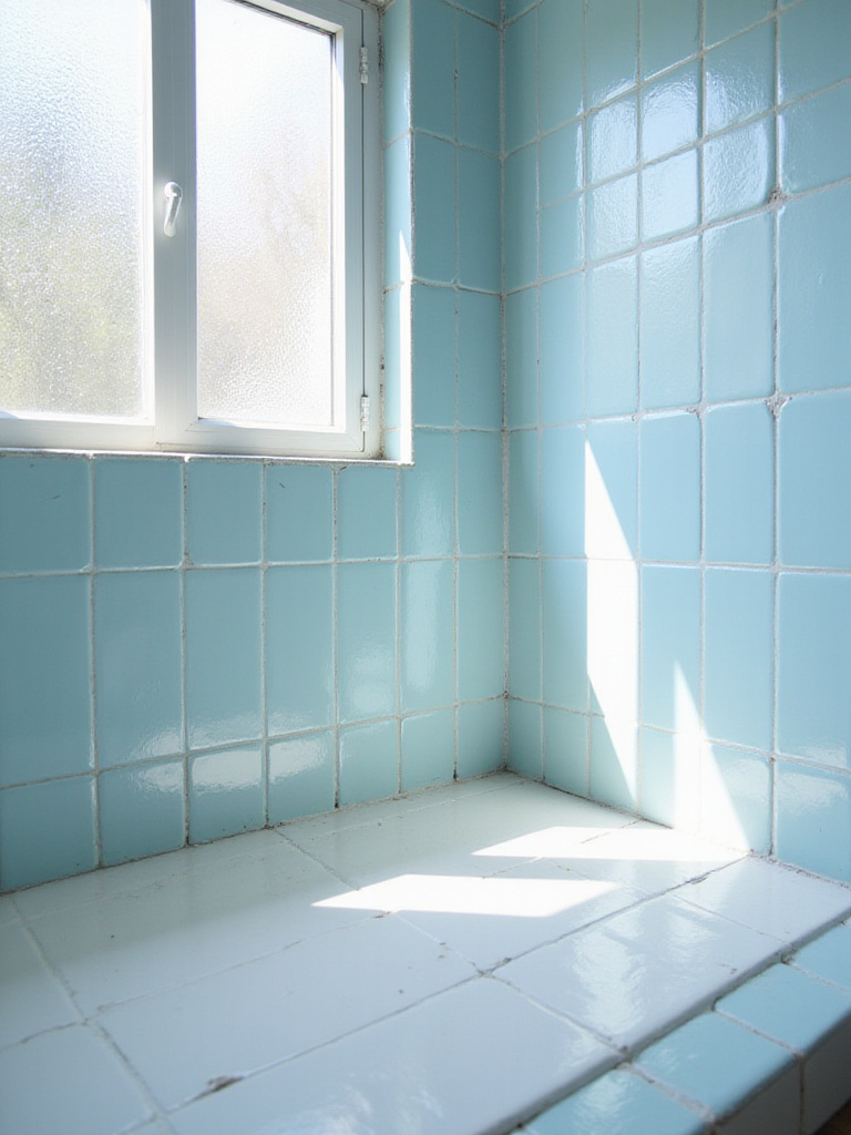 Close-up of freshly grouted and caulked bathroom tiles showing the transformation and clean aesthetic.