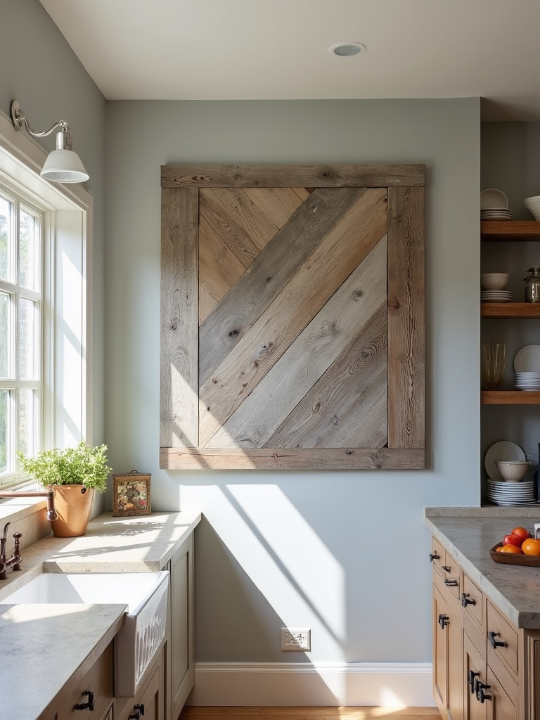 Rustic kitchen with reclaimed barnwood geometric wall art.