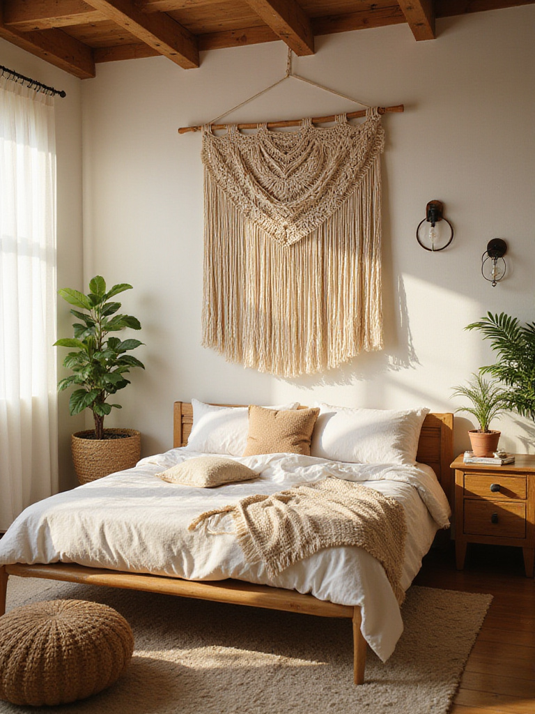 Boho bedroom with large macrame wall art hanging above the bed.