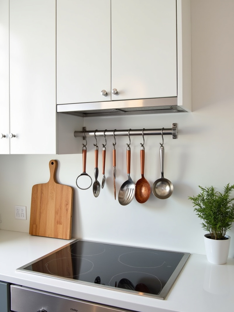Apartment kitchen with utensil rail displaying copper and stainless steel cooking utensils.