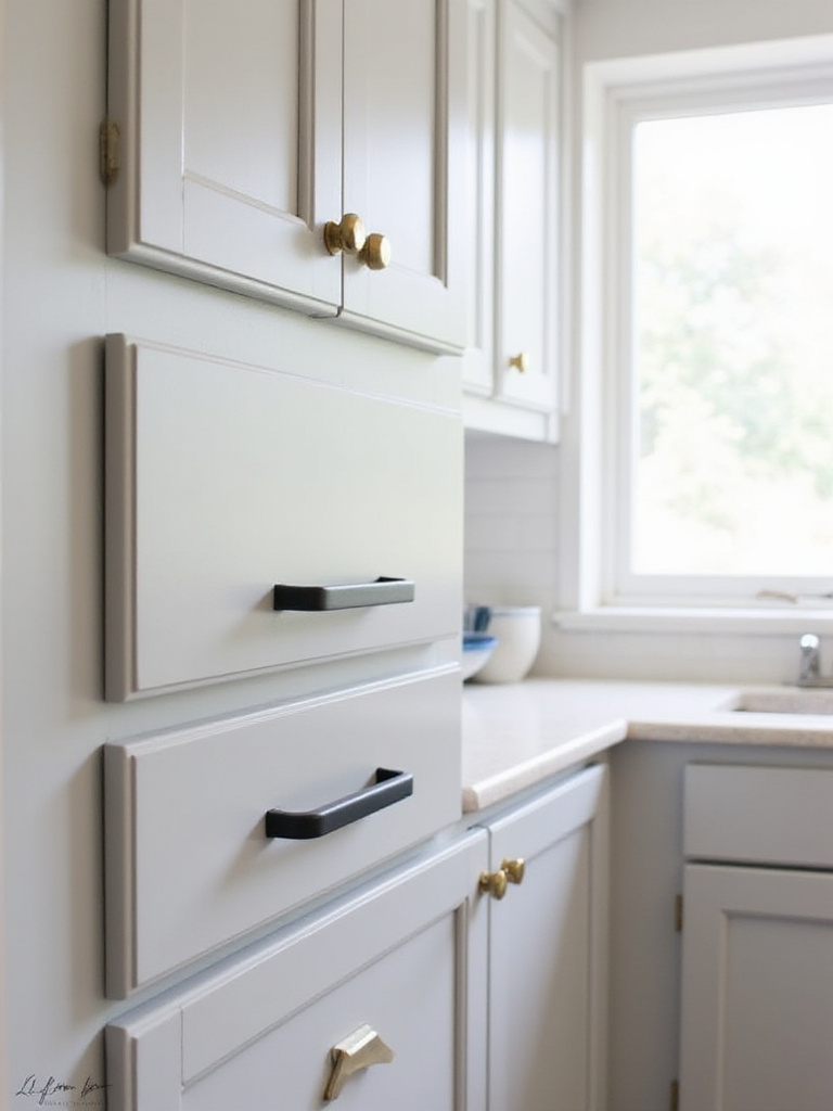 Updated kitchen cabinets with new matte black and brushed gold hardware